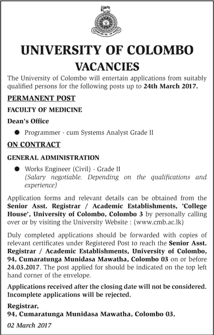 Programmer cum System Analyst, Works Engineer (Civil) - University of Colombo